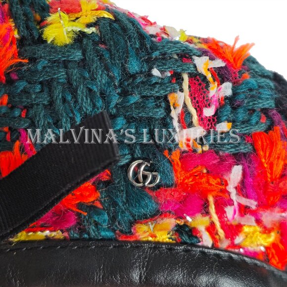 GUCCI BERET CHECK LAME TWEED WOOL BLEND HAT w G LOGO $610 sz 